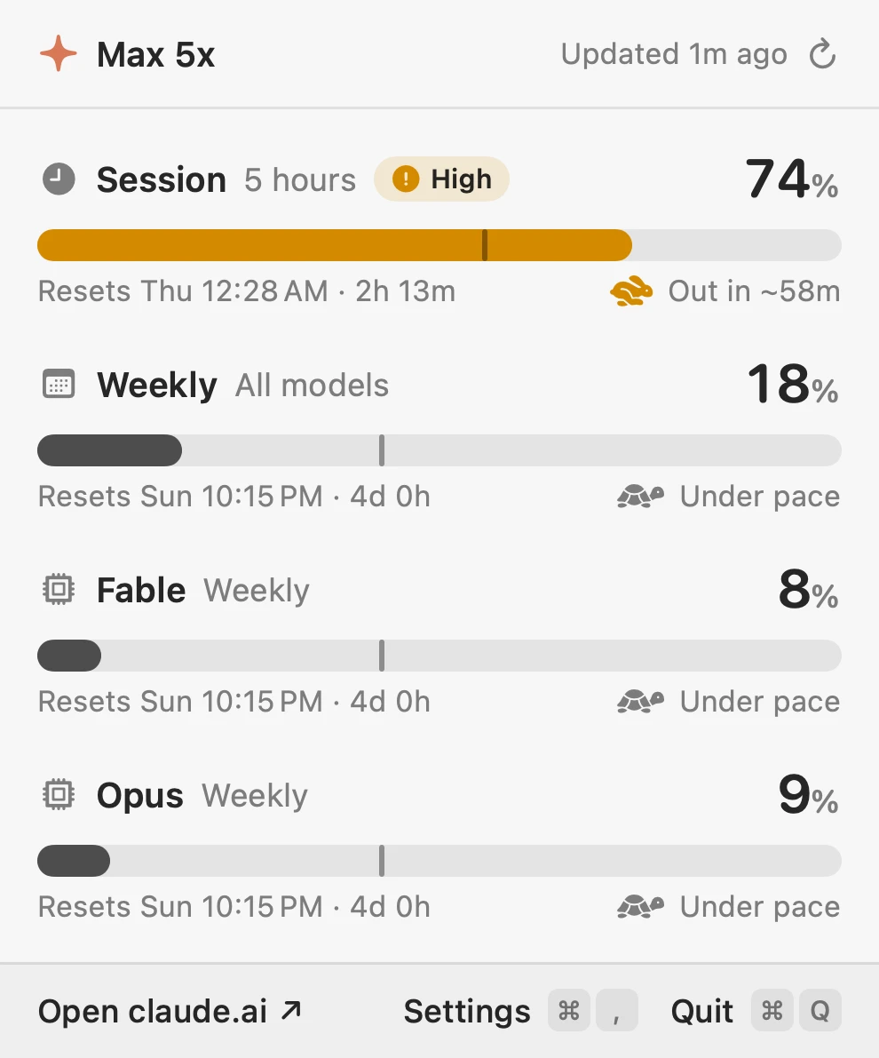 The popover in light mode with session, weekly and two per-model weekly limits