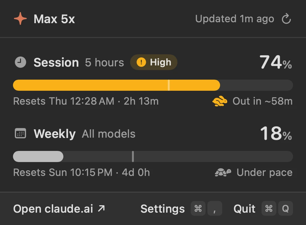 The popover in dark mode: session at 74% and ahead of pace, weekly at 18% and under pace